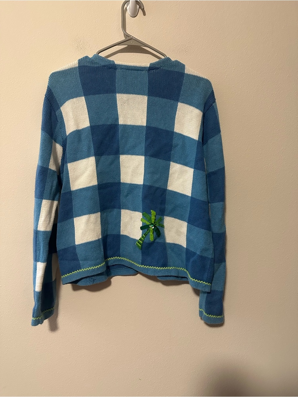 Vintage Talbots gingham palm tree beaded coastal grandma preppy cardigan size L - Picture 2 of 5